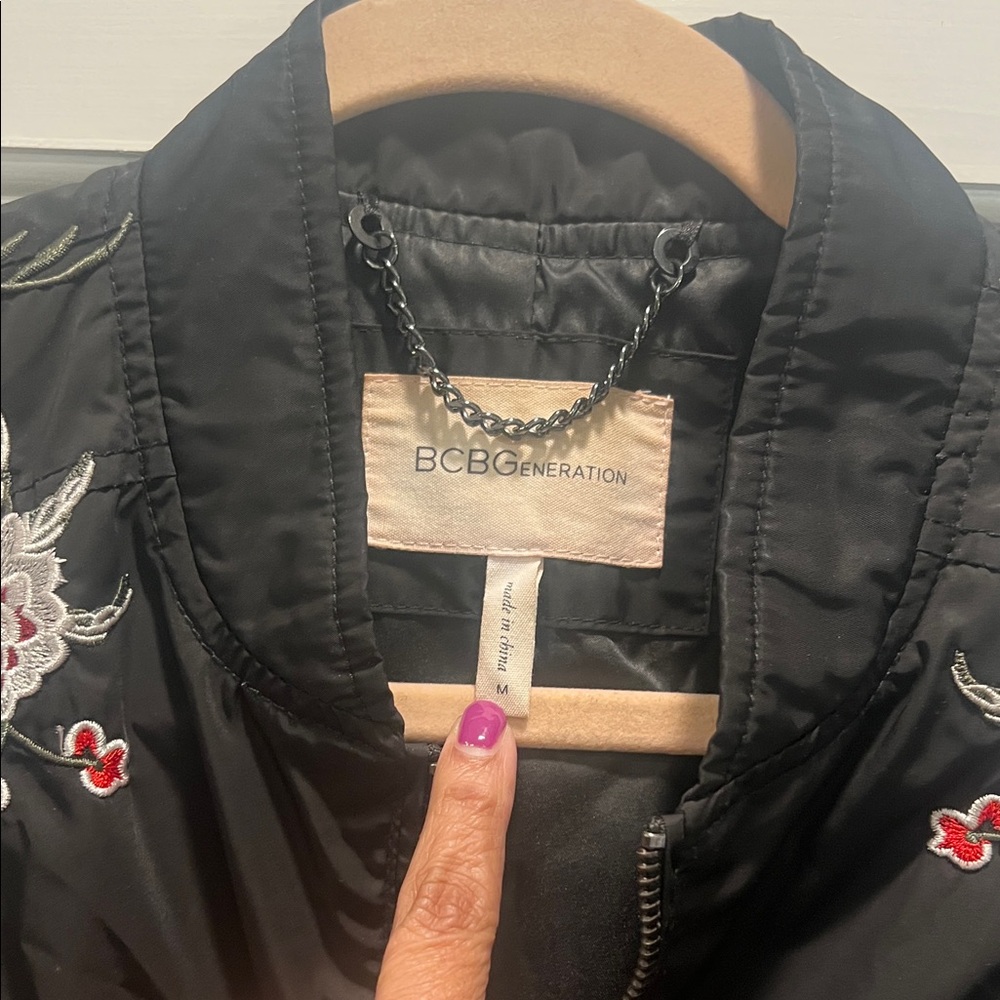 BCBGeneration Black Bomber Jacket with Floral Emb… - image 2